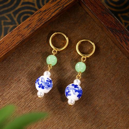 Tibetan Style Huggie Hoop Drop Earring, with Jade & Plastic Pearl, gold color plated, vintage & for woman, 10x44mm, Sold By PC