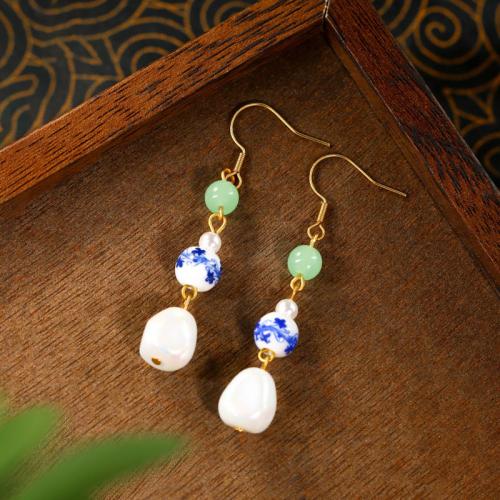 Tibetan Style Drop Earring, with Jade & Plastic Pearl, gold color plated, vintage & for woman, 10x59mm, Sold By Pair