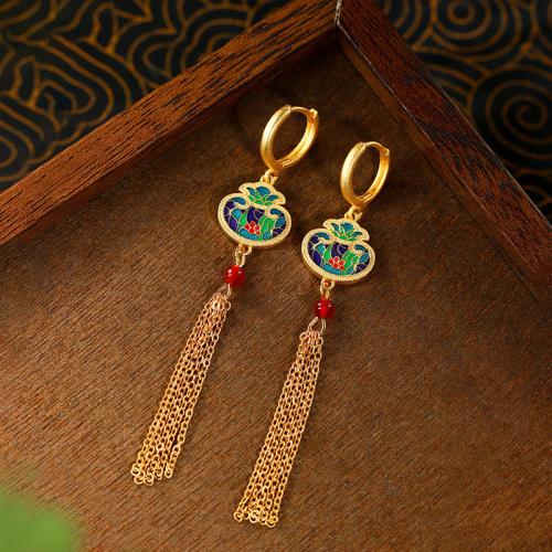 Tibetan Style Tassel Earring, with Jade, gold color plated, vintage & for woman & enamel, 14x82mm, Sold By Pair