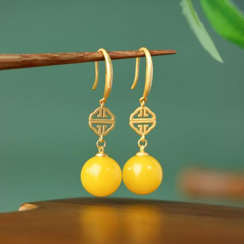 Tibetan Style Drop Earring, with Jade, gold color plated, vintage & for woman & hollow, 12x43mm, Sold By Pair