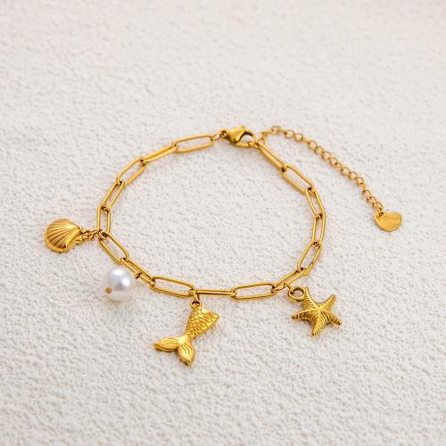 acero inoxidable 304 Pulsera, con Nácar de resina & Perlas plásticas, con 1.97inch extender cadena, 18K chapado en oro, diseño océano & diferentes estilos para la opción & para mujer, longitud aproximado 6.7 Inch, Vendido por UD