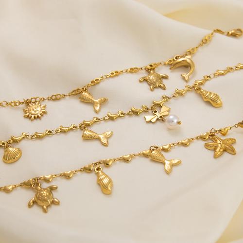 acero inoxidable 304 Pulsera y tobillera, con Perlas plásticas, 18K chapado en oro, diseño océano & diferentes estilos para la opción & para mujer, Vendido por UD