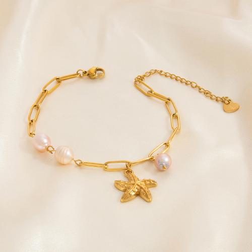 acero inoxidable 304 Pulsera, con Perlas cultivadas de agua dulce, con 1.97inch extender cadena, 18K chapado en oro, diseño océano & diferentes estilos para la opción & para mujer, longitud aproximado 6.7 Inch, Vendido por UD