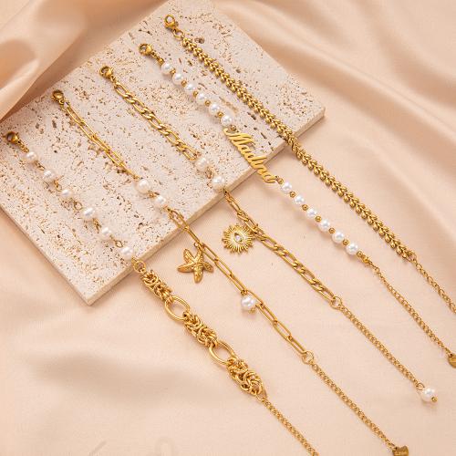 acero inoxidable 304 Pulsera, con Perlas plásticas, con 1.97inch extender cadena, 18K chapado en oro, diferentes estilos para la opción & para mujer & con diamantes de imitación, longitud:aproximado 6.7 Inch, Vendido por UD