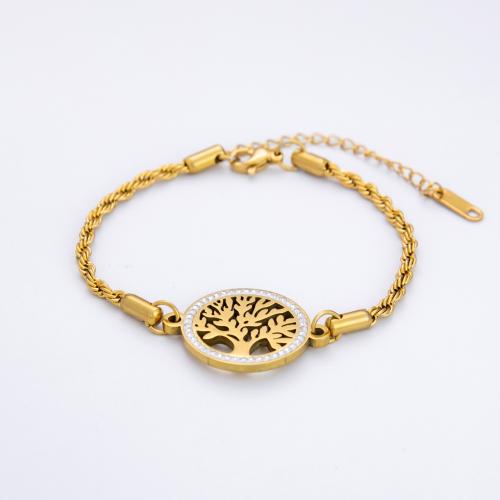 304 Stainless Steel Bracelet, with 1.97inch extender chain, Tree, 18K gold plated, for woman & with rhinestone & hollow, Length:Approx 6.7 Inch, Sold By PC