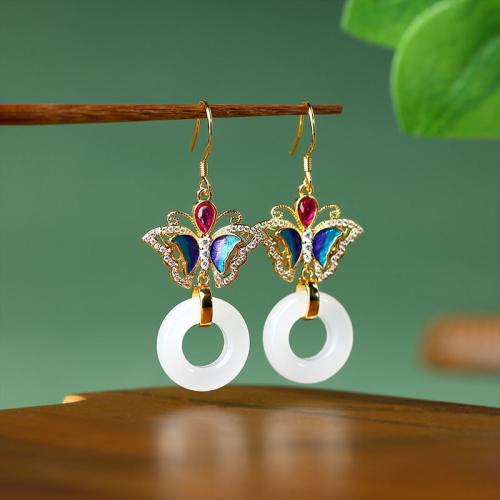 Tibetan Style Drop Earring, with Jade, Butterfly, gold color plated, vintage & for woman & enamel & with rhinestone, 21x48mm, Sold By Pair