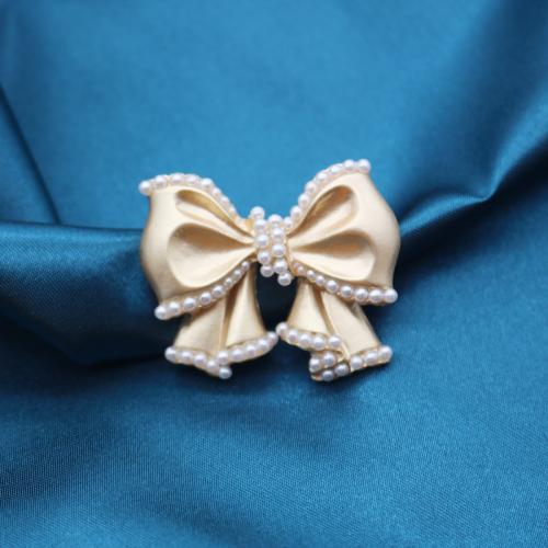 Tibetan Style Brooches, with Plastic Pearl, Bowknot, for woman, golden, 34x36mm, Sold By PC