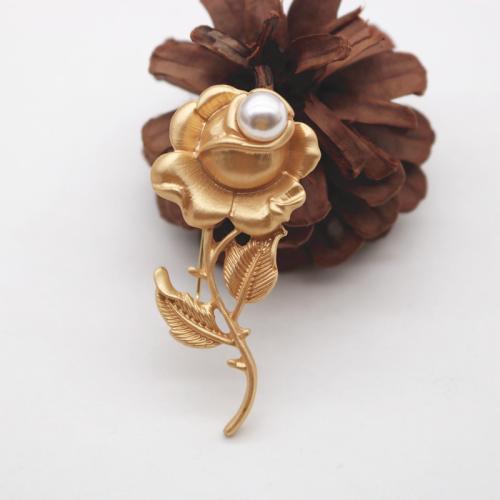 Tibetan Style Brooches, with Plastic Pearl, Rose, for woman, golden, 60x30mm, Sold By PC