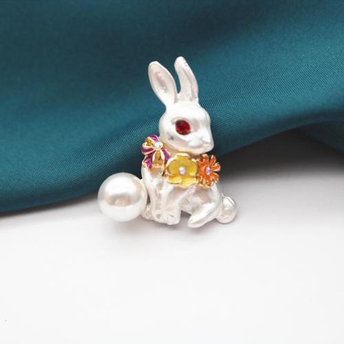 Tibetan Style Brooches, with Plastic Pearl, Rabbit, for woman, white, 34x19mm, Sold By PC