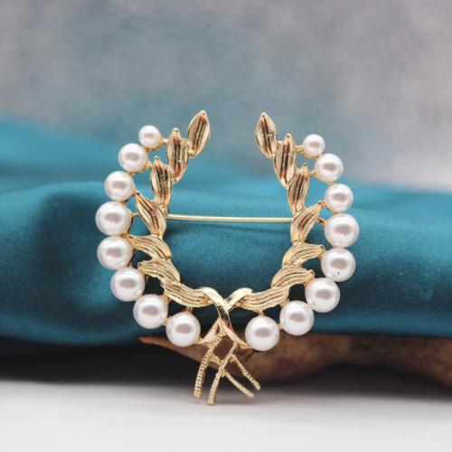 Tibetan Style Brooches, with Plastic Pearl, for woman, golden, 55x44mm, Sold By PC