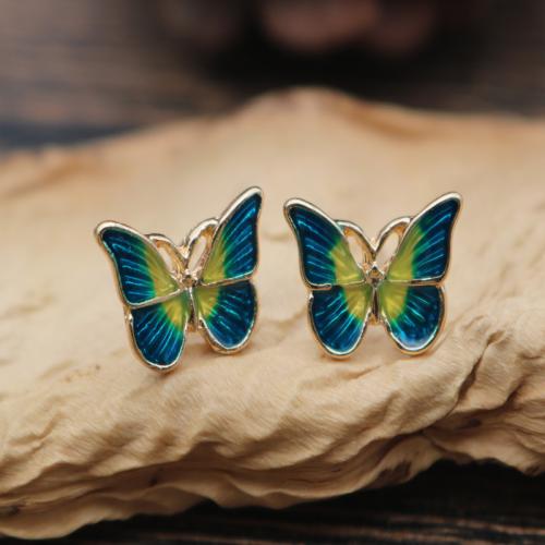 Brinco de liga de zinco, Borboleta, joias de moda & para mulher, azul, 10x19mm, vendido por par