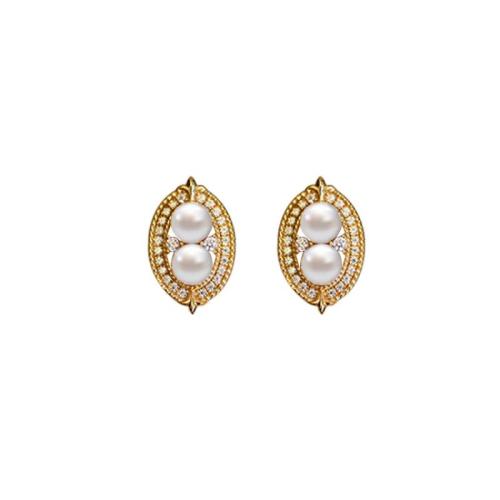 Cubic Zirconia Micro Pave Brass Earring, with Plastic Pearl, fashion jewelry & micro pave cubic zirconia & for woman, golden, 16x11mm, Sold By Pair