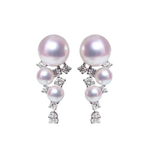 Brass Stud Earring, with Plastic Pearl, fashion jewelry & for woman & with rhinestone, silver color, 25x11mm, Sold By Pair