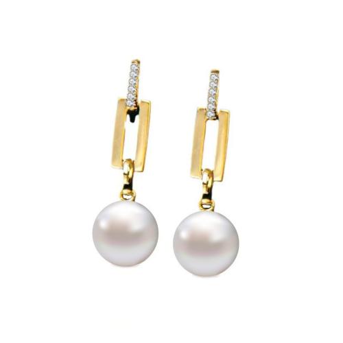 Brass Stud Earring, with Plastic Pearl, fashion jewelry & for woman & with rhinestone, golden, 26mm, Sold By Pair