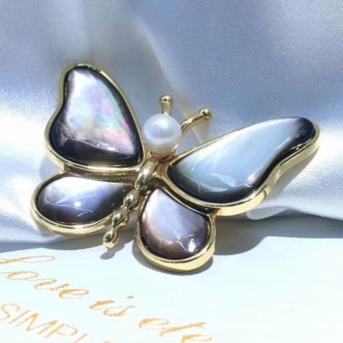 Fashion Brooch Jewelry Brass with Pearl Oyster & Freshwater Pearl Butterfly for woman black Sold By PC