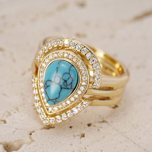 Cubic Zirconia Micro Pave Brass Ring, with turquoise, different size for choice & micro pave cubic zirconia & for woman, Sold By PC