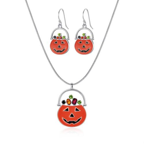 Nuevas joyas y decoraciones populares de Halloween, pendiente & collar, aleación de zinc, Calabaza, chapado en color de plata, Joyería de Halloween & diferentes estilos para la opción & para mujer & esmalte & con diamantes de imitación, más colores para la opción, libre de níquel, plomo & cadmio, Vendido por UD