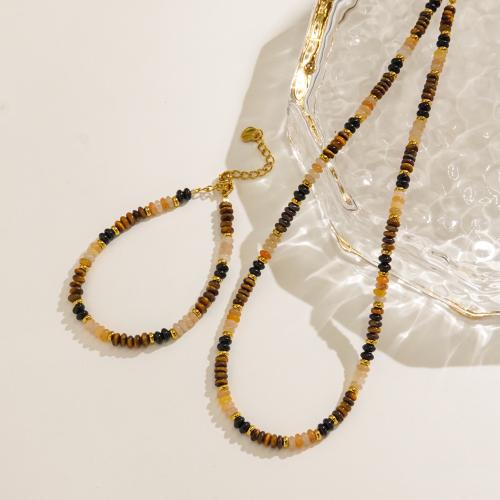 Natural Gemstone Jewelry Sets bracelet & necklace Tiger Eye with 304 Stainless Steel Vacuum Ion Plating fashion jewelry & for woman Sold By PC