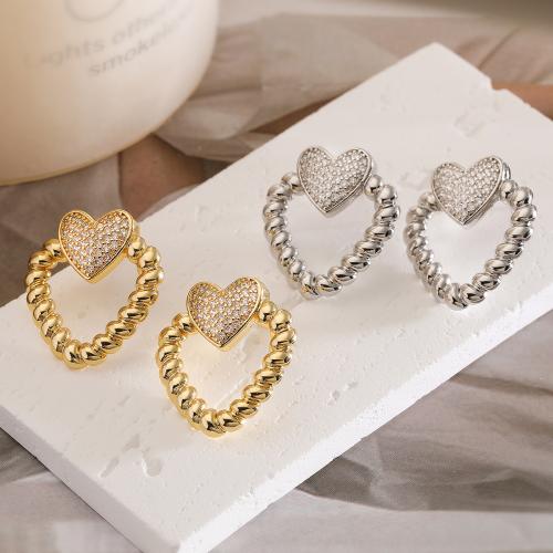 Cubic Zirconia Micro Pave Brass Earring Heart plated fashion jewelry & micro pave cubic zirconia nickel lead & cadmium free Sold By Pair