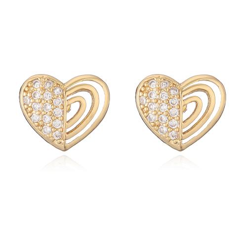 Boucles d'oreilles en laiton zircon cubique pavent, coeur, Placage, bijoux de mode & pavé de micro zircon, plus de couleurs à choisir, protéger l'environnement, sans nickel, plomb et cadmium, 10x9mm, Vendu par paire