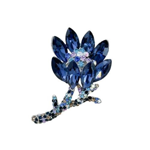 Tibetan Style Brooches, Flower, plated, fashion jewelry & with rhinestone, blue, nickel, lead & cadmium free, 44x38mm, Sold By PC