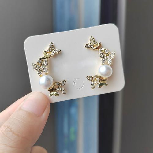 Tibetan Style Stud Earring, with Plastic Pearl, gold color plated, fashion jewelry & with rhinestone, golden, nickel, lead & cadmium free, 20x30mm, Sold By Pair