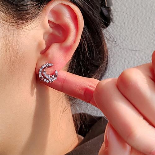 Tibetan Style Stud Earring, Moon, silver color plated, fashion jewelry & with rhinestone, silver color, nickel, lead & cadmium free, 15x15mm, Sold By Pair