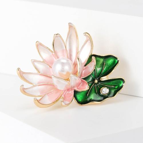 Zinc Alloy Brooches with Plastic Pearl Flower plated fashion jewelry & enamel & with rhinestone pink nickel lead & cadmium free Sold By PC