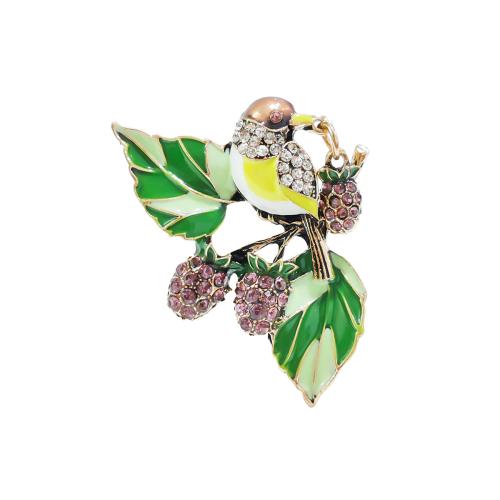 Broches en alliage de zinc, oiseau, Placage de couleur d'or, bijoux de mode & émail & avec strass, vert, protéger l'environnement, sans nickel, plomb et cadmium, 41x46mm, Vendu par PC