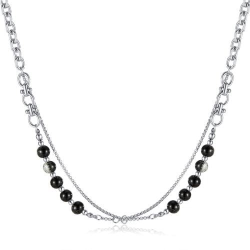 Stainless Steel Jewelry Necklace, 304 Stainless Steel, with Glass Beads, with 60mm extender chain, polished, Double Layer & fashion jewelry & for man, original color, Length:500 mm, Sold By PC