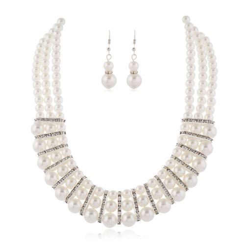 Plastic Pearl Jewelry Set, earring & necklace, with Tibetan Style, handmade, 2 pieces & multilayer & for woman & with rhinestone, white, Sold By Set