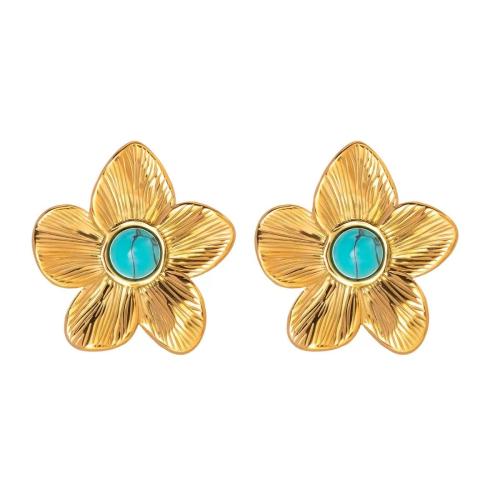 Tibetan Style Stud Earring, with turquoise & Plastic Pearl, petals, plated, different materials for choice & for woman, golden, Sold By Pair