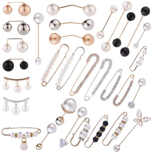 Iron Safety Pin, with Plastic Pearl, plated, different styles for choice & for woman & with rhinestone, more colors for choice, Sold By PC