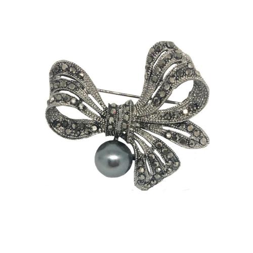 Zinc Alloy Brooches with Plastic Pearl Bowknot plated for woman & with rhinestone plumbum black Sold By PC