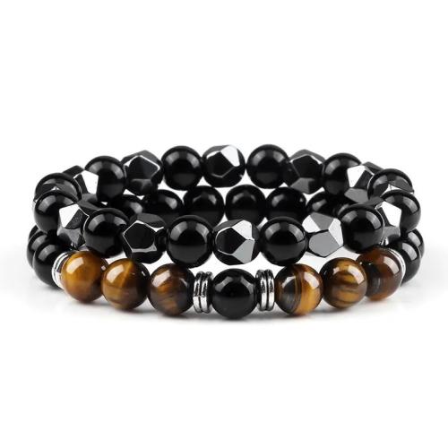 Gemstone Bracelets Zinc Alloy with Tiger Eye & Hematite handmade 2 pieces & for man Sold By Set