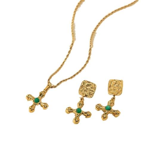 304 Stainless Steel Jewelry Set, with Natural Stone, Cross, 18K gold plated, different styles for choice & for woman, Sold By PC