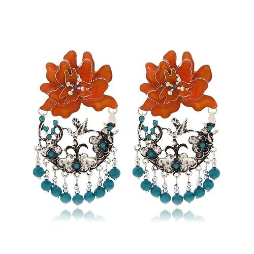 Tibetan Style Stud Earring, with Turquoise, fashion jewelry & for woman & enamel, 80x42mm, Sold By Pair