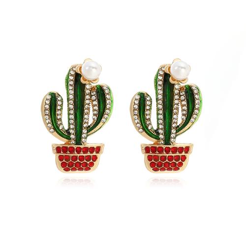 Tibetan Style Stud Earring, Opuntia Stricta, fashion jewelry & for woman & enamel & with rhinestone, 27x18mm, Sold By Pair