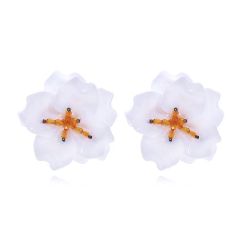 Resin Earring, with Crystal, Flower, fashion jewelry & for woman, white, 83x82mm, Sold By Pair