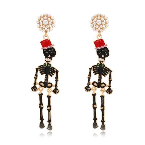 Tibetan Style Stud Earring, with Plastic Pearl, Halloween Design & fashion jewelry & for woman & with rhinestone, black, 89x22mm, Sold By Pair