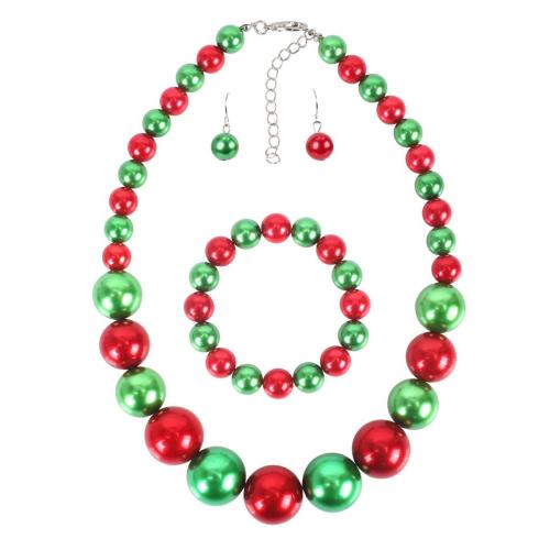 Zinc Alloy Jewelry Set bracelet & earring & necklace with Plastic Pearl Christmas Design & three pieces & fashion jewelry & for woman multi-colored Sold By Set