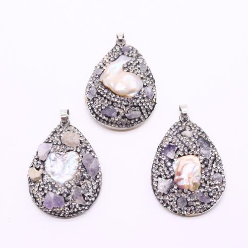 Shell Pendants, with pearl & Amethyst & Brass, Teardrop, silver color plated, DIY & with rhinestone, more colors for choice, 35x48mm, Sold By PC