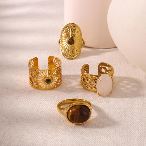 Stainless Steel Finger Ring 304 Stainless Steel with Natural Stone & Tiger Eye gold color plated & for woman Sold By PC