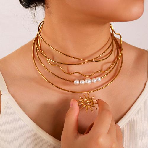 Stainless Steel Jewelry Necklace, 304 Stainless Steel, with Cloth & Plastic Pearl, gold color plated, different styles for choice & for woman, more colors for choice, Sold By Pair