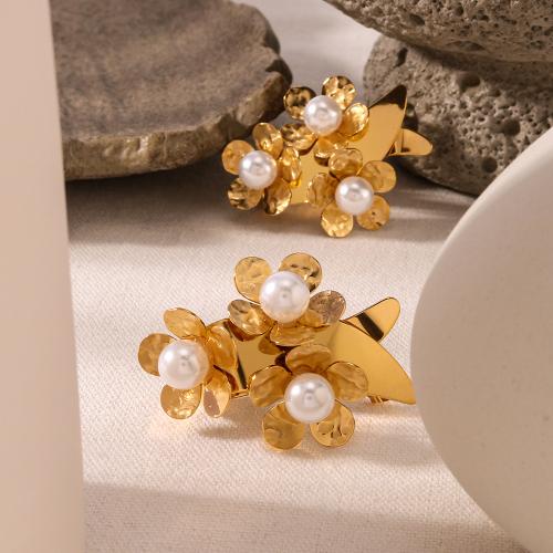 Stainless Steel Stud Earrings, 304 Stainless Steel, with Plastic Pearl, gold color plated, for woman, Sold By Pair