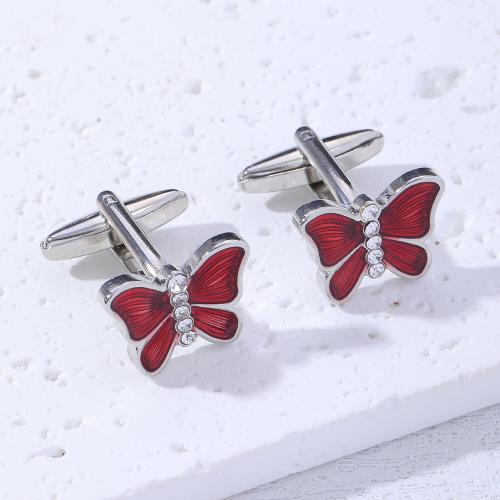 Cufflinks, Tibetan Style, Butterfly, silver color plated, for man & enamel, red, nickel, lead & cadmium free, Sold By Pair