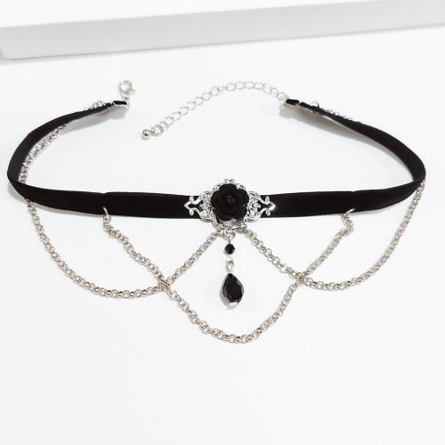 Collar de Aleación de Zinc, con Tela flocado, con 7.1cm extender cadena, chapado en color de plata, Joyería, Negro, libre de níquel, plomo & cadmio, longitud:31.2 cm, Vendido por UD