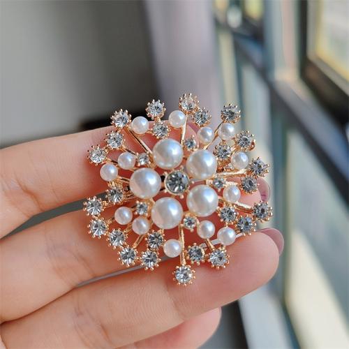 Zinc Alloy Brooches with Plastic Pearl Snowflake plated fashion jewelry & with rhinestone nickel lead & cadmium free Sold By PC