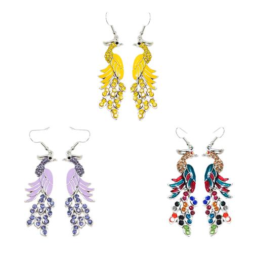 Boucles d'oreilles en alliage de zinc, paon, Placage, bijoux de mode & émail & avec strass, plus de couleurs à choisir, protéger l'environnement, sans nickel, plomb et cadmium, 19x73mm, Vendu par paire