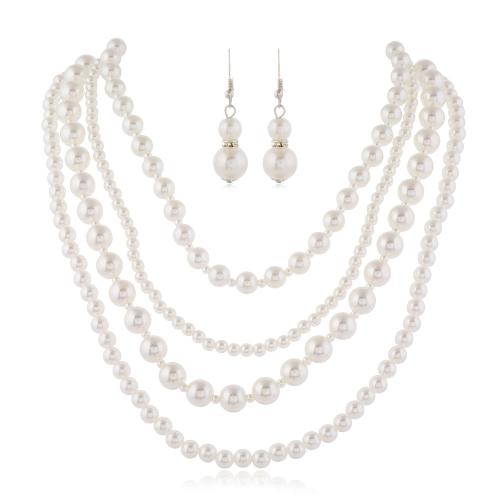 perle de plastique parure de bijoux, collier de chaîne de chandail & boucle d'oreille, 2 pièces & pour femme & avec strass, blanc, Vendu par fixé